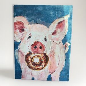 Pig With Donut Canvas By Kathryn White, Contemporary Pop Art Painting EUC